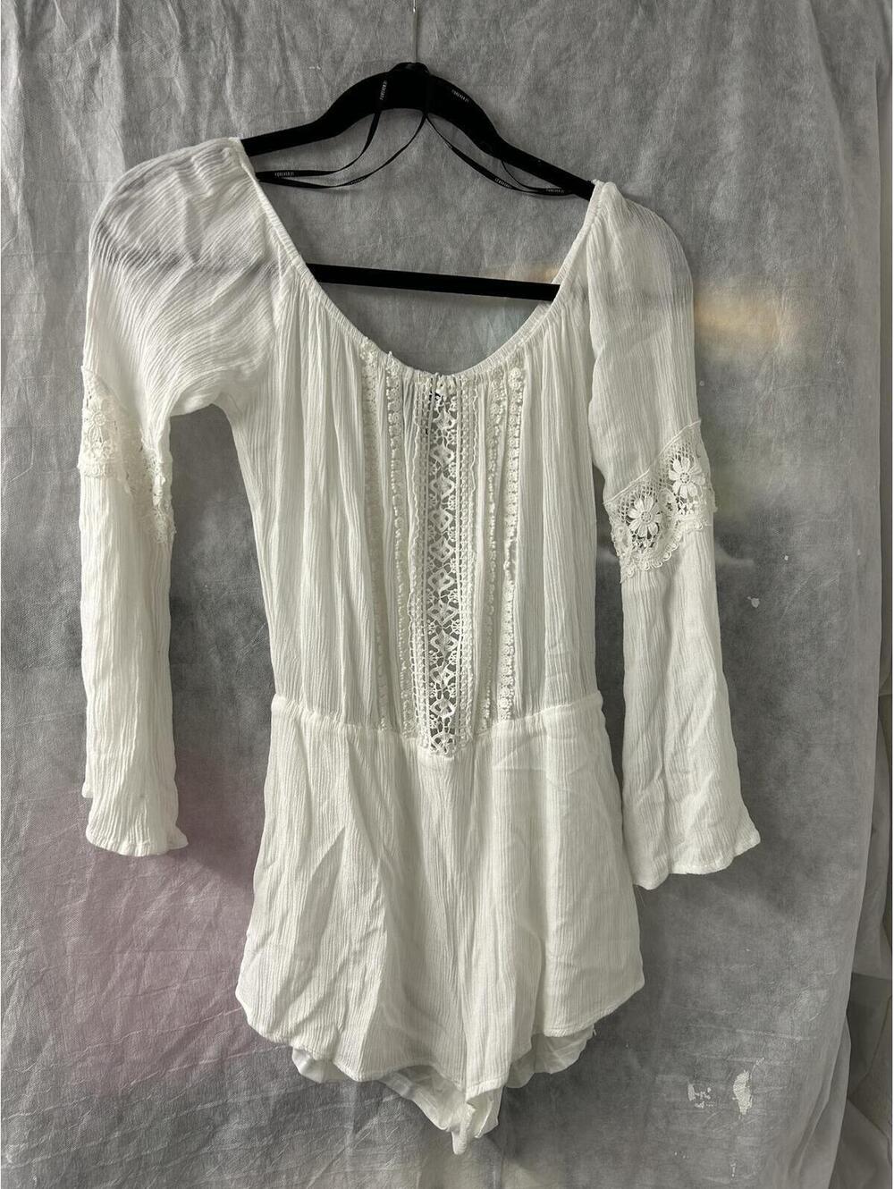 Forever 21 White Boho Lace Gauze Romper Womens Long Sleeve Cottagecore Festival